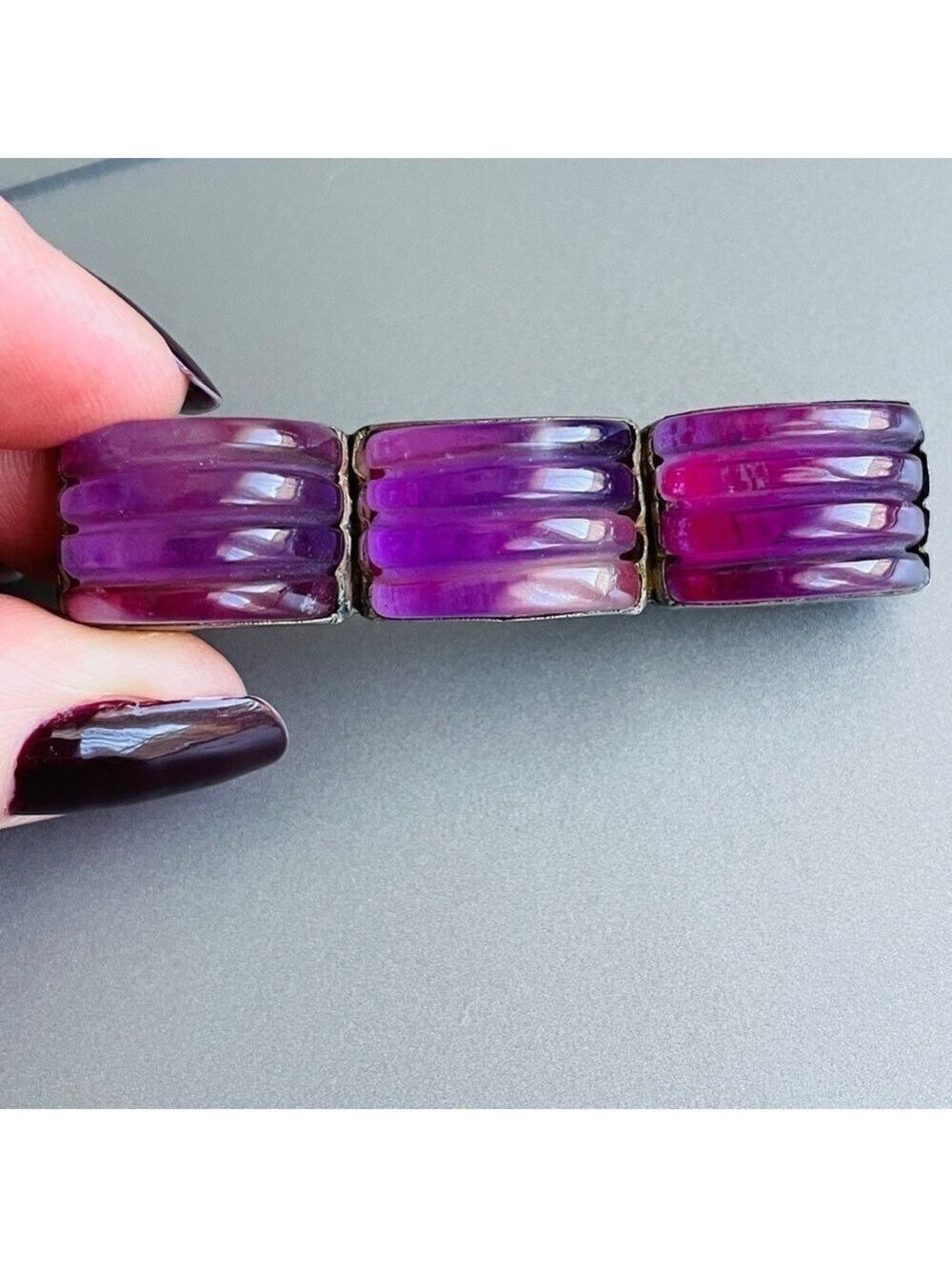 🎉Sold🎉 Antique Chinese Carved Amethyst Sterling Ribbed Rectangle Pin Brooch - Picture 10 of 13